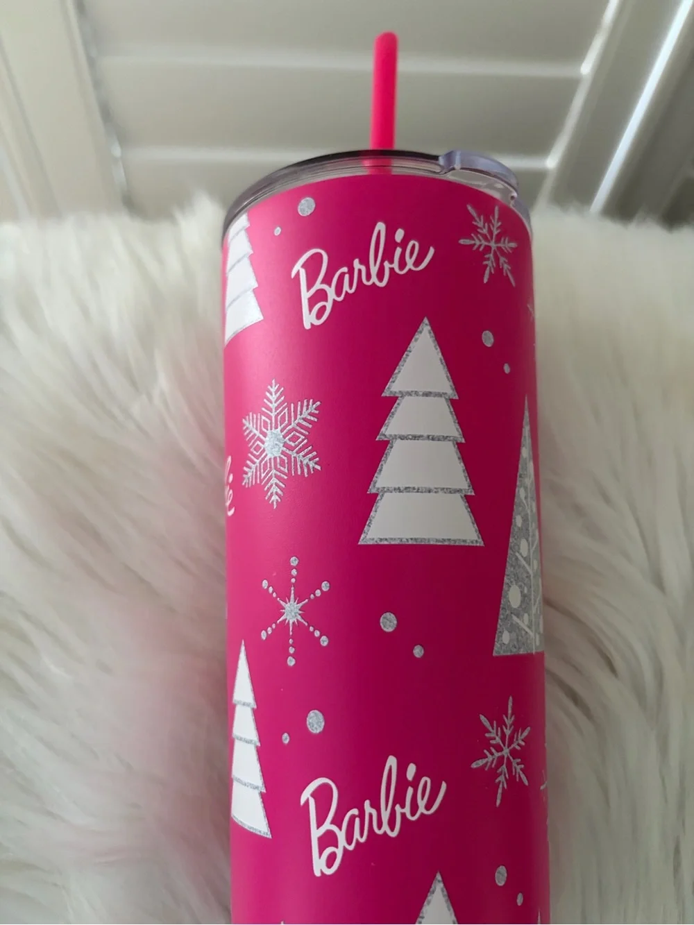 Barbie Hot Pink Holiday Tumbler with Silver Tree Accents